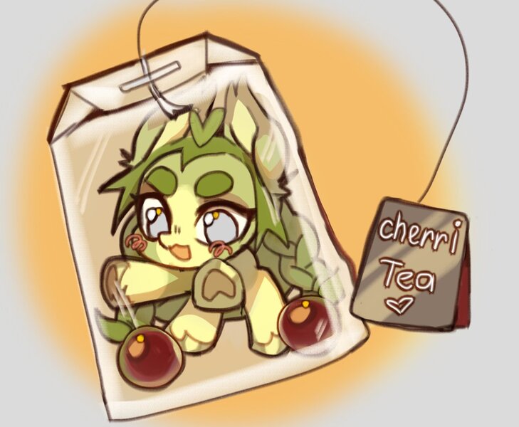 Size: 1110x913 | Tagged: safe, artist:myscherri, derpibooru import, oc, unofficial characters only, earth pony, pony, braid, female, image, jpeg, mare, smol, solo, teabag