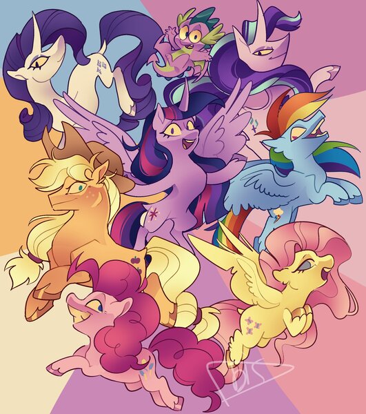Size: 2300x2600 | Tagged: safe, artist:disaterror, derpibooru import, applejack, fluttershy, pinkie pie, rainbow dash, rarity, spike, starlight glimmer, twilight sparkle, twilight sparkle (alicorn), alicorn, dragon, earth pony, pegasus, pony, unicorn, abstract background, alternate design, applejack's hat, applejacked, belly, blonde mane, blonde tail, blue eyes, cat eyes, colored hooves, colored sclera, colored teeth, colored wings, concave belly, cowboy hat, curly mane, curly tail, curved horn, diverse body types, ear fluff, eyelashes, eyeshadow, fangs, female, flying, freckles, g4, green eyes, group, hat, height difference, hooves to the chest, horn, image, jpeg, leonine tail, lidded eyes, long mane, long tail, looking at you, makeup, male, mane eight, mane seven, mane six, mare, messy mane, messy tail, multicolored hair, multicolored mane, multicolored tail, muscles, open mouth, open smile, physique difference, pink coat, pink mane, pink tail, ponytail, profile, purple eyes, purple mane, purple tail, rainbow hair, rainbow tail, raised hoof, raised hooves, shiny hoof, signature, size difference, slender, slit eyes, slit pupils, smiling, smiling at you, smolshy, spread wings, tail, teeth, thin, tied mane, tied tail, two toned wings, unshorn fetlocks, wall of tags, watermark, white coat, winged spike, wings, yellow coat, yellow mane, yellow tail