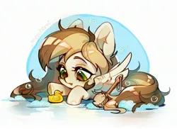 Size: 2661x1935 | Tagged: safe, artist:myscherri, derpibooru import, oc, unofficial characters only, pegasus, pony, abstract background, brush, bubble, ear fluff, image, jpeg, rubber duck, simple background, solo, white background