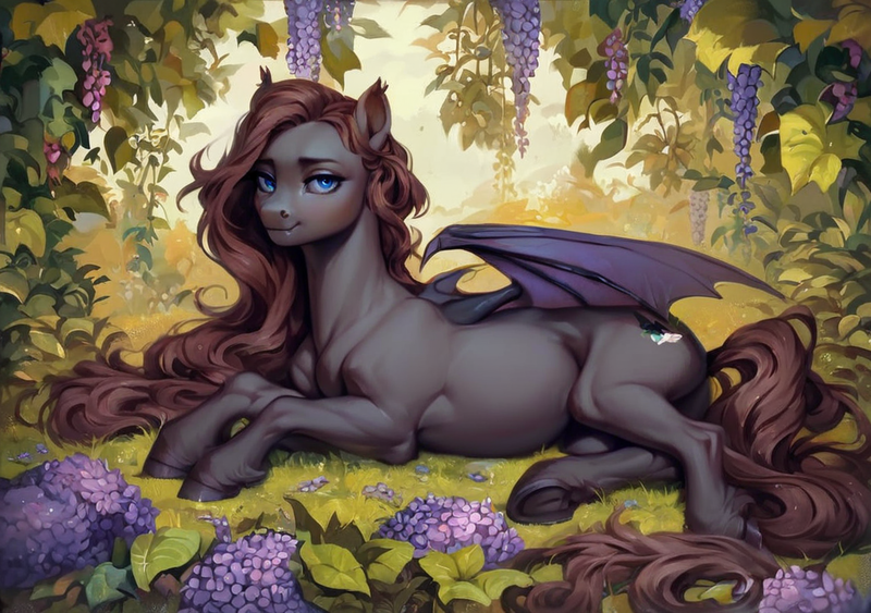 Size: 1024x720 | Tagged: safe, ai content, derpibooru import, machine learning generated, prompter:radioglitch, stable diffusion, oc, unofficial characters only, bat pony, generator:pony diffusion v6 xl, image, lying down, png, pregnant, side, solo