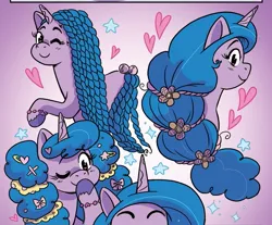 Size: 1079x892 | Tagged: safe, derpibooru import, idw, izzy moonbow, pony, unicorn, g5, spoiler:comic, spoiler:g5comic, alternate hairstyle, baby hairs, bow, curly hair, hair accessory, hair bow, hairclip, horn, image, jpeg, my little pony: mane event, twists