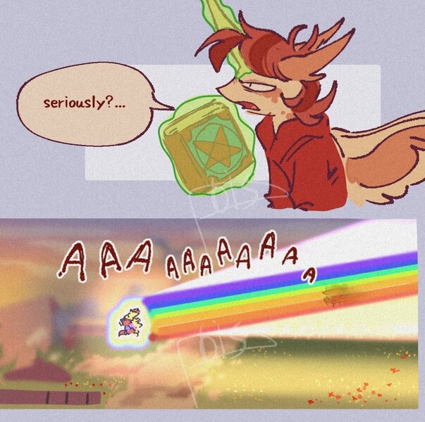 Size: 1114x1109 | Tagged: safe, artist:disaterror, derpibooru import, part of a set, ponified, alicorn, pony, unicorn, 2 panel comic, artificial alicorn, artificial wings, augmented, big ears, blast, clothes, colored wings, comic, dialogue, ear fluff, eddsworld, frown, glow, glowing horn, hoodie, horn, image, impossibly large horn, jpeg, large horn, long horn, magic, male, narrowed eyes, open mouth, passepartout, profile, rainbow, screaming, shrunken pupils, signature, speech bubble, spread wings, stallion, teeth, telekinesis, text, tord (eddsworld), two toned wings, violence, watermark, wing fluff, wings