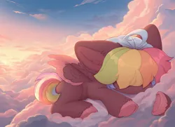 Size: 2480x1795 | Tagged: safe, artist:avroras_world, derpibooru import, oc, oc:walter evans, unofficial characters only, pegasus, pony, cloud, colored wings, colored wingtips, ear fluff, image, jpeg, lying down, male, on a cloud, prone, sleeping, solo, stallion, unshorn fetlocks, wings