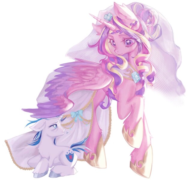 Size: 2048x1910 | Tagged: safe, artist:denpakyun, derpibooru import, princess cadance, shining armor, alicorn, pony, unicorn, braid, clothes, colored wings, colored wingtips, dress, duo, female, hoof shoes, horn, image, jewelry, jpeg, lying down, male, mare, meme, prone, regalia, ship:shiningcadance, shipping, simple background, size difference, stallion, straight, the bride and the ugly ass groom, veil, wedding dress, wedding veil, white background, wings