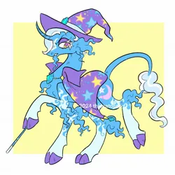 Size: 2048x2048 | Tagged: safe, artist:thiscatdraws, derpibooru import, trixie, pony, unicorn, abstract background, alternate design, cape, clothes, cloven hooves, facial hair, g4, goatee, hat, horn, image, jpeg, leonine tail, solo, tail, trixie's cape, trixie's hat, twitterina design, unshorn fetlocks, wand