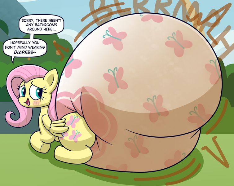 Size: 2153x1711 | Tagged: questionable, artist:shslsadcat, derpibooru import, fluttershy, pegasus, pony, blushing, butt, diaper, diaper fetish, female, fetish, flutterbutt, image, impossibly large diaper, looking at you, looking back, looking back at you, messy diaper, open mouth, open smile, png, poofy diaper, poop, poopy diaper, smiling, solo, solo female, squishy