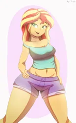 Size: 2584x4181 | Tagged: safe, artist:asapphiere, artist:azuretto, artist:irizen, derpibooru import, sunset shimmer, human, equestria girls, clothes, female, g4, hand on hip, image, midriff, png, shorts, solo, tanktop, wide hips