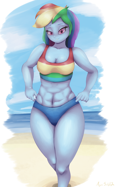 Size: 2584x4181 | Tagged: safe, artist:asapphiere, artist:azuretto, artist:irizen, derpibooru import, rainbow dash, human, equestria girls, abs, beach, clothes, female, g4, image, lidded eyes, ocean, png, solo, swimsuit, tomboy, two-piece swimsuit, water