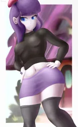 Size: 2584x4181 | Tagged: safe, artist:asapphiere, artist:azuretto, artist:irizen, derpibooru import, rarity, human, equestria girls, beatnik rarity, beret, clothes, equestria girls-ified, female, hand on hip, hat, image, midriff, png, skirt, socks, solo, sweater, thigh highs, turtleneck