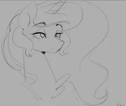 Size: 979x821 | Tagged: safe, artist:thelunarmoon, derpibooru import, princess celestia, alicorn, pony, eyebrows, eyebrows visible through hair, female, gray background, grayscale, image, lidded eyes, mare, monochrome, png, simple background, sketch, solo