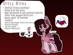 Size: 2902x2159 | Tagged: suggestive, artist:bloodiebitez, derpibooru import, oc, oc:ditzy bites, unofficial characters only, bat, fruit bat, pony, undead, vampire, vampire fruit bat, vampony, cuntboy, cutie mark, derpibooru exclusive, folded wings, gradient background, image, intersex, male, piercing, png, reference sheet, stallion, tongue piercing, transgender, wings