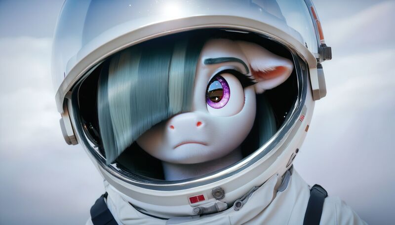 Size: 2552x1456 | Tagged: safe, ai content, derpibooru import, machine learning generated, stable diffusion, marble pie, earth pony, pony, astronaut, bust, female, floppy ears, frown, fur, g4, generator:pony diffusion v6 xl, hair over one eye, image, jpeg, looking sideways, mare, portrait, prompter:siber, realistic, solo, space helmet, spacesuit