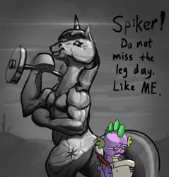 Size: 2658x2781 | Tagged: safe, artist:ciborgen, derpibooru import, spike, twilight sparkle, dragon, pony, semi-anthro, unicorn, butt, duo, duo male and female, female, g4, hey spike, hoers, horn, image, male, mare, muscles, muscular female, plot, png, quill, scroll, talking, twilight muscle, unicorn twilight, writing