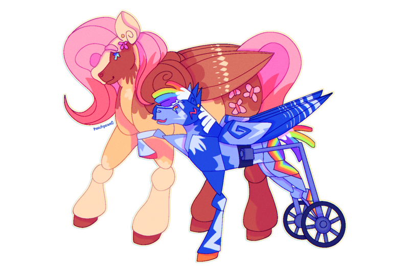 Size: 1728x1154 | Tagged: safe, artist:peachpaws0, derpibooru import, fluttershy, rainbow dash, pegasus, alternate design, duo, eye cancer, female, flutterdash, g4, height difference, image, lavender sunrise au, lesbian, matching jewelry, png, shipping, short tail, tail, tallershy, twitterina design, wheelchair