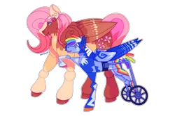 Size: 1728x1154 | Tagged: safe, artist:peachpaws0, derpibooru import, fluttershy, rainbow dash, pegasus, alternate design, duo, eye cancer, female, flutterdash, g4, height difference, image, lavender sunrise au, lesbian, matching jewelry, png, shipping, short tail, tail, tallershy, twitterina design, wheelchair