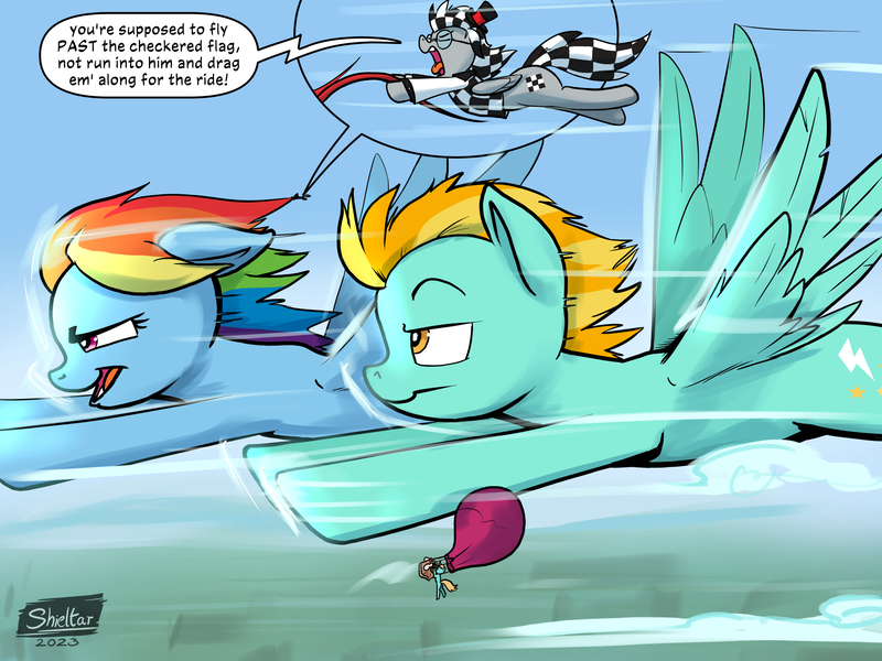 Size: 1920x1440 | Tagged: safe, artist:shieltar, derpibooru import, lightning dust, rainbow dash, oc, oc:checkerboard, pony, flying, giant pony, hot air balloon, image, jpeg, macro, size difference