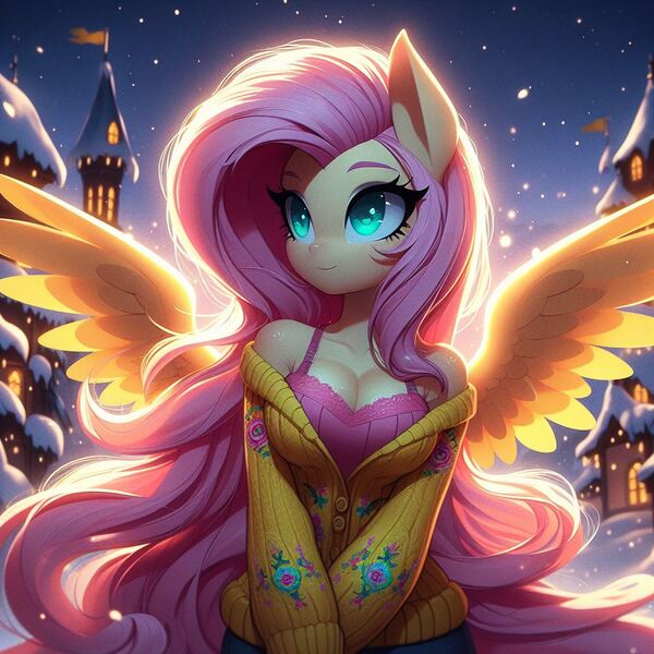 Size: 1024x1024 | Tagged: safe, ai content, derpibooru import, machine learning generated, prompter:glimmy-glam, fluttershy, anthro, backlighting, bra, breasts, busty fluttershy, castle, cleavage, clothes, generator:dall-e 3, image, jpeg, long hair, night, off shoulder, off shoulder sweater, snow, spread wings, sweater, tree, underwear, wings, winter