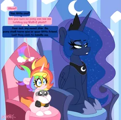 Size: 2401x2370 | Tagged: safe, artist:ladylullabystar, derpibooru import, princess luna, oc, oc:lady lullaby star, alicorn, pony, unicorn, dialogue, eyebrows, eyebrows visible through hair, female, g4, glasses, horn, image, mare, plushie, png, sitting, throne, wall-e