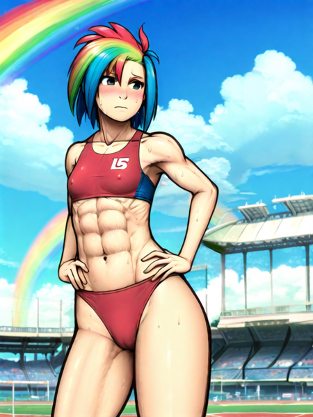 Size: 768x1024 | Tagged: questionable, ai content, derpibooru import, generator:pixai.art, machine learning generated, prompter:anonymous, stable diffusion, rainbow dash, human, abs, bikini, breasts, cameltoe, clothes, colored, delicious flat chest, female, g4, humanized, image, muscles, muscular female, png, race track, rainbow flat, rainbuff dash, small breasts, solo, sports, stadium, sweat, swimsuit, tail, tankini, tomboy, wrong eye color