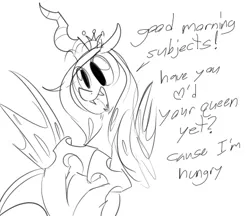 Size: 452x391 | Tagged: safe, artist:dotkwa, derpibooru import, queen chrysalis, changeling, changeling queen, 2014, black and white, dialogue, fangs, female, g4, grayscale, image, monochrome, open mouth, open smile, png, simple background, smiling, solo, talking to viewer, white background, wings