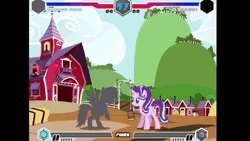 Size: 854x480 | Tagged: safe, derpibooru import, spitfire, starlight glimmer, pegasus, unicorn, fighting is magic, fan made, fighting is magic - roots, g4, game screencap, horn, image, sweet apple acres, webm