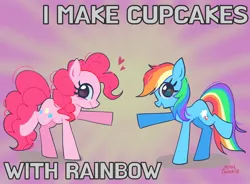 Size: 2048x1504 | Tagged: safe, artist:petaltwinkle, derpibooru import, pinkie pie, rainbow dash, earth pony, pegasus, pony, fanfic:cupcakes, big eyes, blue coat, caption, curly mane, curly tail, dancing, emanata, eyelashes, female, floating heart, g4, heart, image, jpeg, looking back, mare, multicolored hair, multicolored mane, multicolored tail, open mouth, open smile, outstretched hoof, pink coat, pink mane, pink tail, profile, rainbow hair, rainbow tail, raised hoof, signature, smiling, sunburst background, tail, text, wingding eyes, wingless