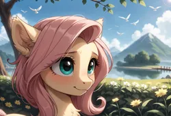Size: 2432x1649 | Tagged: safe, ai content, derpibooru import, machine learning generated, prompter:adorablebluefox, stable diffusion, fluttershy, pegasus, pony, beautiful, blue eyes, blue sky, blushing, bridge, bush, chest fluff, cloud, cute, ear fluff, ear tufts, ears up, eyebrows, eyebrows visible through hair, eyelashes, female, flower, g4, generator:pony diffusion v6 xl, holiday, image, loose hair, mare, mountain, mountain range, nature, outdoors, png, pretty, scenery, shyabetes, sky, smiling, solo, tree, water