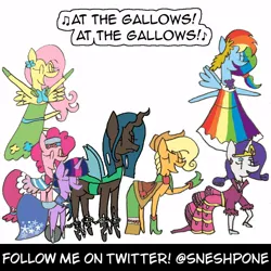Size: 1000x1000 | Tagged: safe, artist:sneshpone, derpibooru import, applejack, fluttershy, pinkie pie, queen chrysalis, rainbow dash, rarity, twilight sparkle, at the gala, ball and chain, clothes, dress, gala dress, image, jpeg, mane six, this will end in death