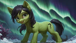 Size: 2560x1440 | Tagged: safe, ai content, derpibooru import, machine learning generated, prompter:truekry, stable diffusion, oc, oc:anonfilly, earth pony, pony, aurora borealis, female, filly, g4, generator:pony diffusion v6 xl, high res, image, looking at you, png, smiling, smiling at you, wallpaper