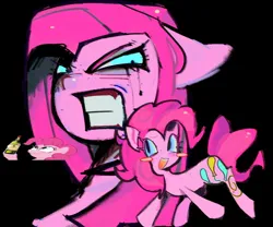 Size: 1034x860 | Tagged: safe, artist:casinokip, artist:leechdiety, derpibooru import, pinkie pie, earth pony, pony, alcohol, angry, black background, blue eyes, blue sclera, blush sticker, blushing, bust, colored eyebrows, colored eyelashes, colored sclera, curly mane, curly tail, drink, eye clipping through hair, female, freckles, frown, g4, hoof hold, image, jpeg, looking down, looking up, makeup, mare, narrowed eyes, open mouth, open smile, pink coat, pink mane, pink tail, pinkamena diane pie, running makeup, scowl, shiny mane, simple background, smiling, solo, straight mane, tail, triality