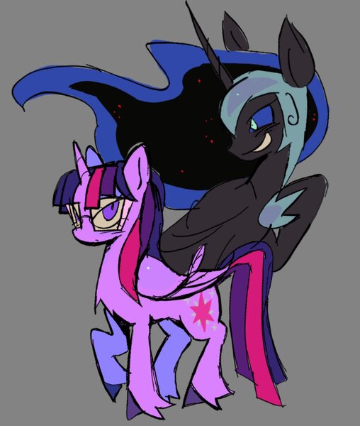 Size: 1299x1535 | Tagged: safe, artist:casinokip, artist:leechdiety, derpibooru import, nightmare moon, twilight sparkle, alicorn, pony, armor, black coat, blue eyes, blue mane, blue sclera, blushing, chest fluff, colored hooves, colored sclera, duo, duo female, ethereal mane, eye clipping through hair, female, fetlock tuft, folded wings, frown, g4, glasses, gray background, height difference, helmet, hoof on chest, hoof shoes, horn, image, jpeg, lidded eyes, long horn, looking at someone, mare, multicolored mane, multicolored tail, narrowed eyes, princess shoes, purple coat, purple eyes, raised hoof, simple background, smiling, standing, starry mane, tail, unicorn horn, wings