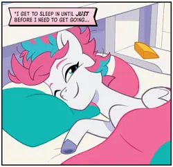 Size: 776x750 | Tagged: safe, artist:jack lawrence, derpibooru import, idw, zipp storm, pegasus, pony, g5, spoiler:comic, spoiler:g5comic, adorazipp, bed, bed hair, bedroom, cute, female, image, jpeg, mare, messy mane, morning ponies, my little pony: mane event, pillow, solo, unshorn fetlocks, waking up