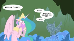 Size: 1447x792 | Tagged: dead source, safe, artist:egophiliac, derpibooru import, princess celestia, princess luna, alicorn, pony, artifact, dialogue, everfree forest, female, forest, g4, image, invisible, jpeg, mare, nature, parody, pinklestia, poison joke, poison joke field, royal sisters, siblings, sisters, toy, tree