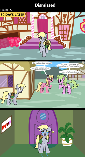 Size: 1920x3516 | Tagged: safe, artist:platinumdrop, derpibooru import, daisy, derpy hooves, flower wishes, lily, lily valley, earth pony, pegasus, pony, comic:dismissed, 3 panel comic, alternate timeline, background pony, bag, comic, commission, crying, despair, dialogue, door, female, floppy ears, folded wings, food, frown, g4, hallway, heartbreak, home, house, image, implied doctor whooves, implied roseluck, indoors, looking at each other, looking at someone, looking at you, mare, muffin, open mouth, photo, picture frame, plant, png, ponyville, potted plant, sad, saddle bag, sorrow, speech bubble, sugarcube corner, talking, tears of sadness, teary eyes, this will not end well, wailing, walking, wings