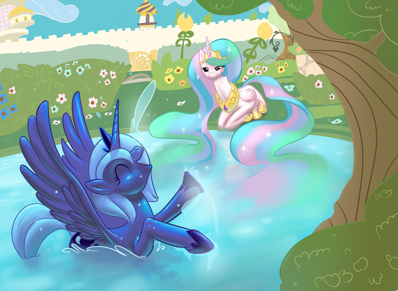 Size: 2183x1600 | Tagged: dead source, safe, alternate version, artist:javkiller, derpibooru import, princess celestia, princess luna, alicorn, pony, canterlot, female, g4, image, png, pond, siblings, sisters, splash, tree, water