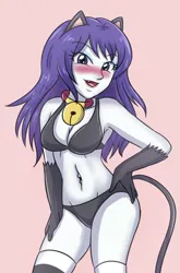 Size: 1836x2777 | Tagged: suggestive, artist:sumin6301, derpibooru import, rarity, cat, human, equestria girls, bell, bell collar, belly button, belly piercing, black panties, black underwear, blushing, breasts, busty rarity, cat ears, catgirl, clothes, collar, eyebrows, eyebrows visible through hair, fangs, female, g4, hand on hip, image, jpeg, lipstick, looking at you, open mouth, panties, piercing, raricat, simple background, smiling, smiling at you, socks, solo, solo female, striped socks, underwear