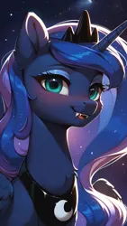 Size: 1440x2560 | Tagged: safe, ai content, derpibooru import, machine learning generated, prompter:ramprover, stable diffusion, princess luna, alicorn, pony, blushing, bust, chest fluff, cute, ear fluff, fangs, female, g4, generator:pony diffusion v6 xl, horn, image, jpeg, looking at you, makeup, mare, prompt in description, smiling, solo, space, wings