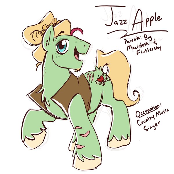 Size: 3300x3300 | Tagged: safe, artist:texacity, derpibooru import, oc, oc:jazz apple, unofficial characters only, earth pony, pony, bite mark, chest fluff, clothes, facial hair, freckles, goatee, happy, image, jpeg, male, name, offspring, open mouth, open smile, parent:big macintosh, parent:fluttershy, parents:fluttermac, raised hoof, scar, smiling, solo, stallion, text, unshorn fetlocks, vest