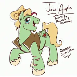 Size: 3300x3300 | Tagged: safe, artist:texacity, derpibooru import, oc, oc:jazz apple, unofficial characters only, earth pony, pony, bite mark, chest fluff, clothes, facial hair, freckles, goatee, happy, image, jpeg, male, name, offspring, open mouth, open smile, parent:big macintosh, parent:fluttershy, parents:fluttermac, raised hoof, scar, smiling, solo, stallion, text, unshorn fetlocks, vest