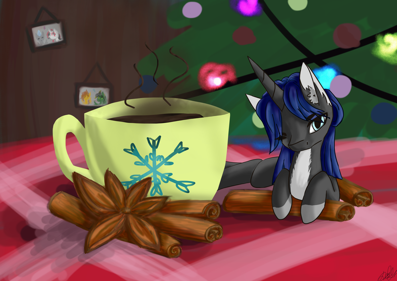 Size: 3508x2480 | Tagged: safe, artist:destiny_manticor, derpibooru import, oc, unofficial characters only, unicorn, bust, christmas, christmas tree, cinnamon, cup, female, frame, high res, holiday, horn, image, looking at you, micro, old art, photo frame, png, portrait, teacup, tree
