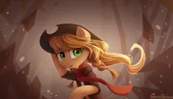 Size: 2800x1600 | Tagged: safe, artist:emeraldgalaxy, derpibooru import, applejack, earth pony, pony, abstract background, applejack's hat, bipedal, braid, cheek fluff, clothes, cowboy hat, ear fluff, eye clipping through hair, eyebrows, eyebrows visible through hair, female, freckles, g4, hat, high res, image, looking at you, mare, open mouth, png, scarf, shirt, signature, solo, standing, wind, windswept mane