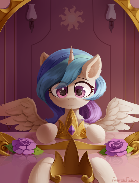 Size: 1900x2500 | Tagged: safe, artist:emeraldgalaxy, derpibooru import, princess celestia, alicorn, pony, cheek fluff, chest fluff, chibi, crown, cute, cutelestia, ear fluff, eye clipping through hair, eyebrows, eyebrows visible through hair, female, flower, g4, high res, horn, image, indoors, jewelry, mare, mirror, offscreen character, png, pov, reflection, regalia, signature, solo, spread wings, wings, younger