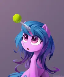 Size: 2100x2500 | Tagged: safe, artist:emeraldgalaxy, derpibooru import, izzy moonbow, pony, unicorn, g5, ball, cheek fluff, cute, eye clipping through hair, eyebrows, eyebrows visible through hair, eyes on the prize, female, gradient background, high res, horn, horn impalement, hornball, image, izzy's tennis ball, izzybetes, looking up, mare, open mouth, png, shoulder fluff, signature, sitting, solo, tennis ball