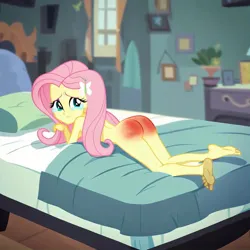 Size: 1024x1024 | Tagged: suggestive, ai content, derpibooru import, machine learning generated, fluttershy, human, ass, barefoot, bed, bedroom, butt, crying, feet, image, jpeg, looking at you, looking back, nudity, playing with hair, punishment, spank mark, spanked, spanking, tears of pain