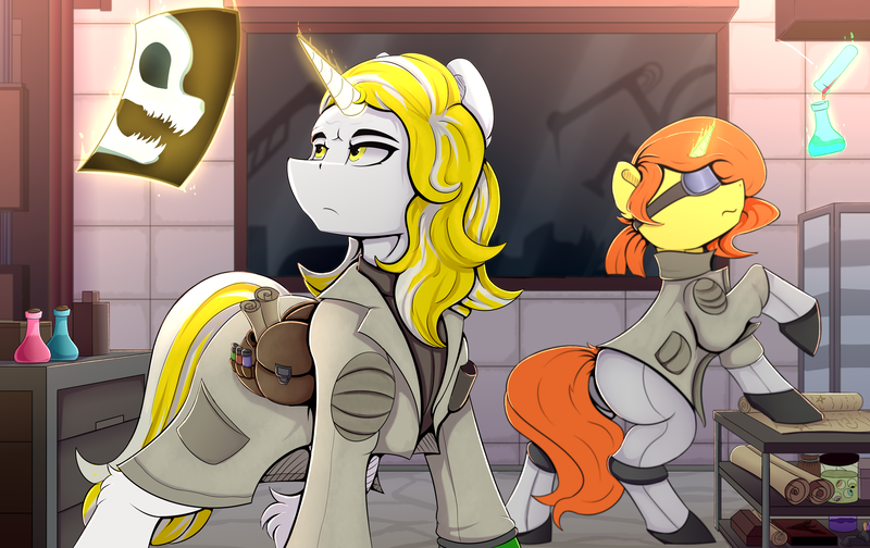 Size: 6950x4380 | Tagged: safe, artist:singovih, derpibooru import, oc, oc:dazling meadows, oc:sandy house, unofficial characters only, pony, unicorn, fallout equestria, alchemy, closet, clothes, fallout, fallout equestria: parallelism, fanfic art, female, flask, goggles, horn, image, lab coat, lamp, male, mare, pipbuck, png, potions, room, science, scientist, scroll, stallion, table, test tube, x-ray