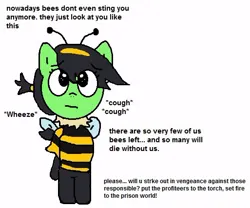 Size: 513x427 | Tagged: safe, artist:wanda, derpibooru import, oc, oc:anonfilly, unofficial characters only, earth pony, pony, animal costume, bee costume, clothes, costume, female, filly, image, jpeg, ms paint, simple background, solo, text, white background