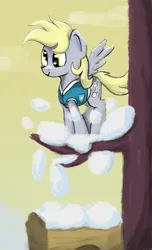 Size: 855x1405 | Tagged: safe, artist:chevaleto, derpibooru import, derpy hooves, pegasus, pony, season 1, winter wrap up, cart, derpibooru exclusive, female, g4, image, mare, png, snow, solo, spread wings, tree, tree branch, wings, winter wrap up vest