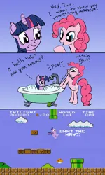 Size: 1126x1879 | Tagged: safe, artist:cyb3rwaste, derpibooru import, edit, pinkie pie, twilight sparkle, earth pony, pony, unicorn, bath, bathtub, bubble bath, claw foot bathtub, colored, comic, crossover, drain plug, female, g4, horn, image, jpeg, mare, plug, super mario bros.