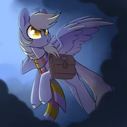 Size: 2048x2048 | Tagged: safe, artist:cloud-fly, derpibooru import, derpy hooves, pegasus, pony, bag, clothes, cloud, female, flying, g4, high res, image, mare, open mouth, outdoors, png, saddle bag, scarf, solo, spread wings, stormcloud, striped scarf, wings