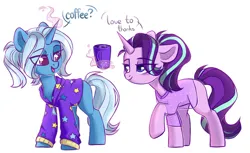 Size: 1696x1037 | Tagged: safe, artist:cloud-fly, derpibooru import, starlight glimmer, trixie, pony, unicorn, alternate hairstyle, babysitter trixie, clothes, coffee, coffee mug, dialogue, duo, duo female, female, g4, gameloft, glow, glowing horn, hoodie, horn, image, levitation, looking at each other, looking at someone, magic, magic aura, mare, mug, my little pony: magic princess, open mouth, open smile, png, raised hoof, simple background, smiling, smiling at each other, telekinesis, white background